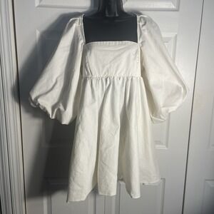 ASOS Edition Square Neck Empire Mini Dress Women US 10 Beige Cotton Twill Bow